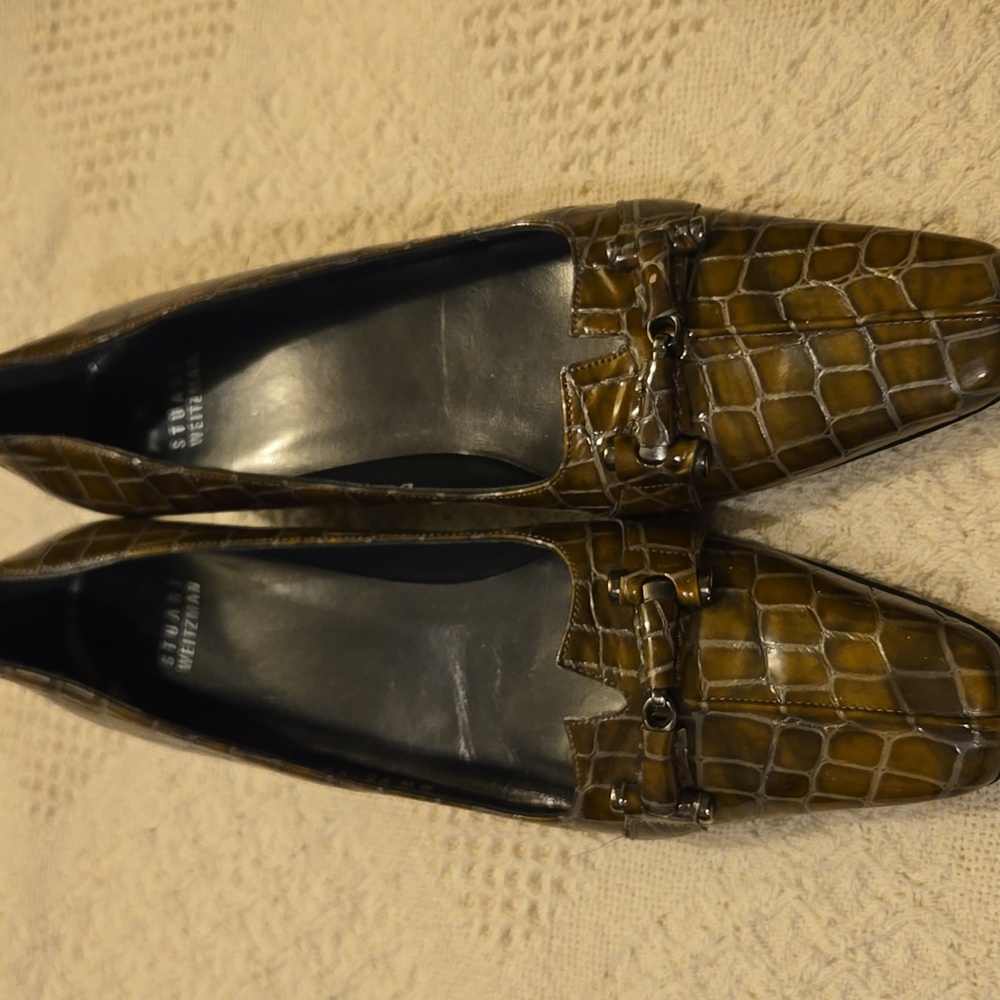 Stuart Weitzman Womens Pumps Brown Square Toe Buckle Croc Embossed  Sz 8.5